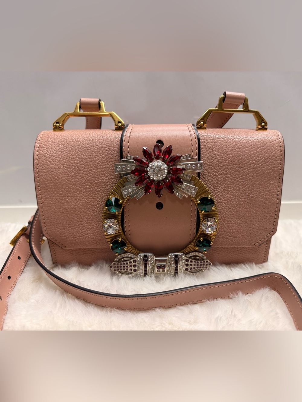 MIU MIU-235 Blush Pink Leather Minaudière *Rare* Crystal Embellished Bag